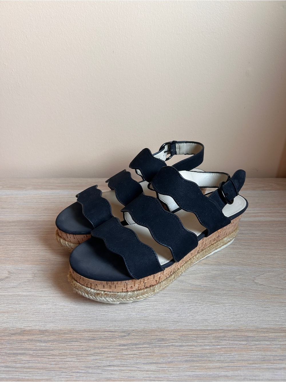 Marc Fisher Black Scalloped Platform Sandals